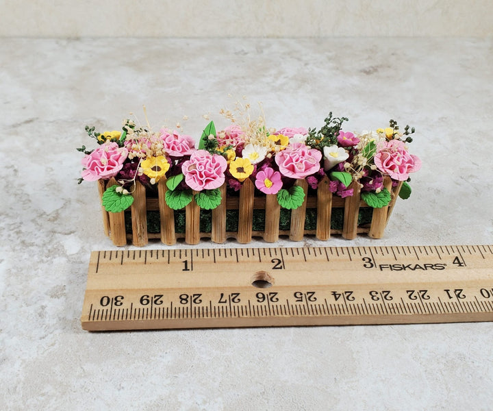 Dollhouse Pink Carnations in a 3.75" Wooden Picket Planter 1:12 Scale Miniature - MiniatureCrush