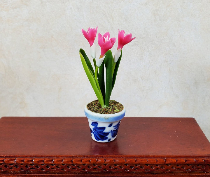 Dollhouse Pink Crocus in Blue and White Ceramic Pot 1:12 Scale Miniature Plant - MiniatureCrush