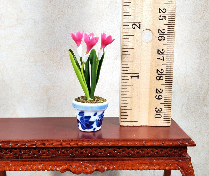 Dollhouse Pink Crocus in Blue and White Ceramic Pot 1:12 Scale Miniature Plant - MiniatureCrush