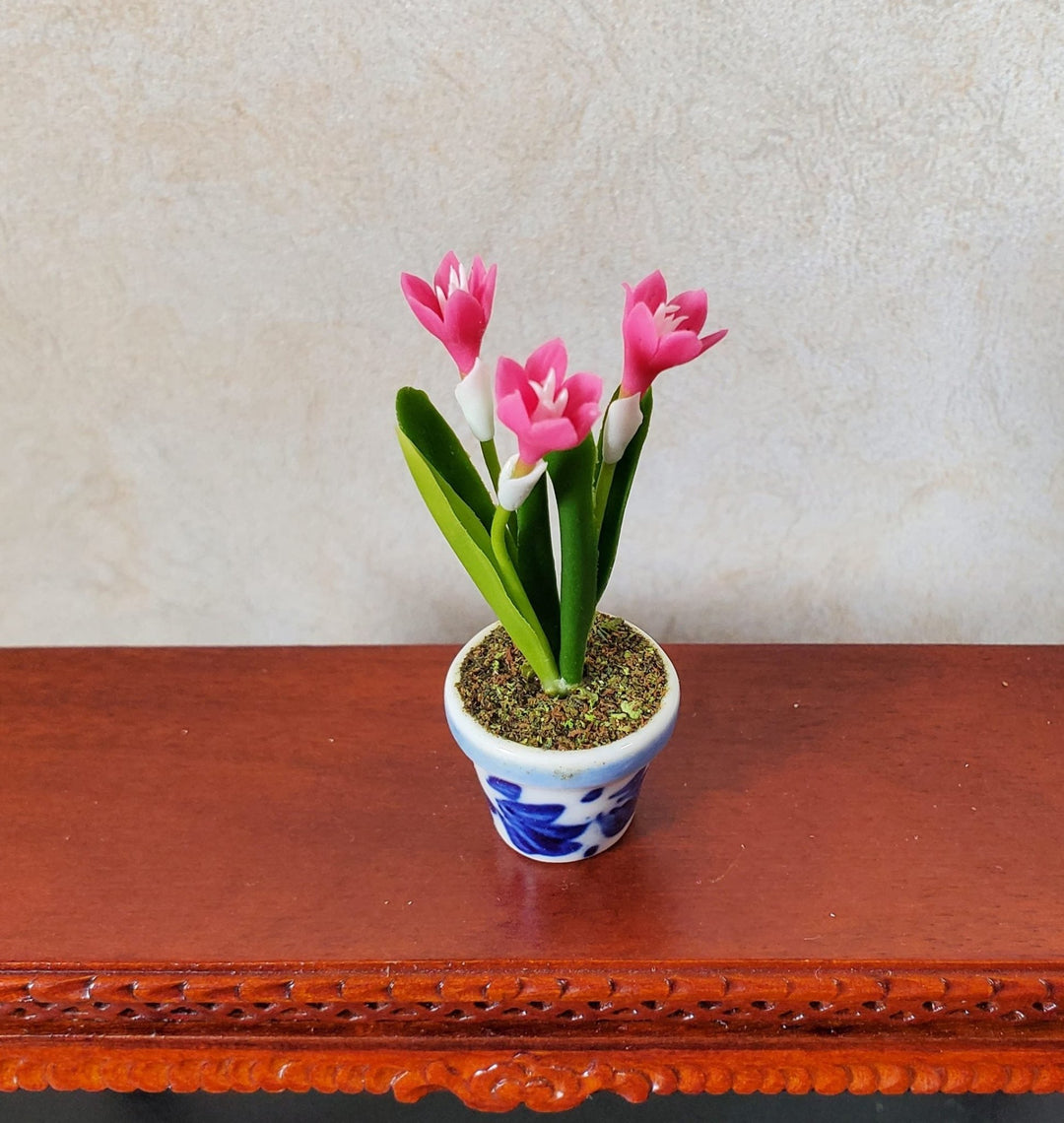 Dollhouse Pink Crocus in Blue and White Ceramic Pot 1:12 Scale Miniature Plant - MiniatureCrush