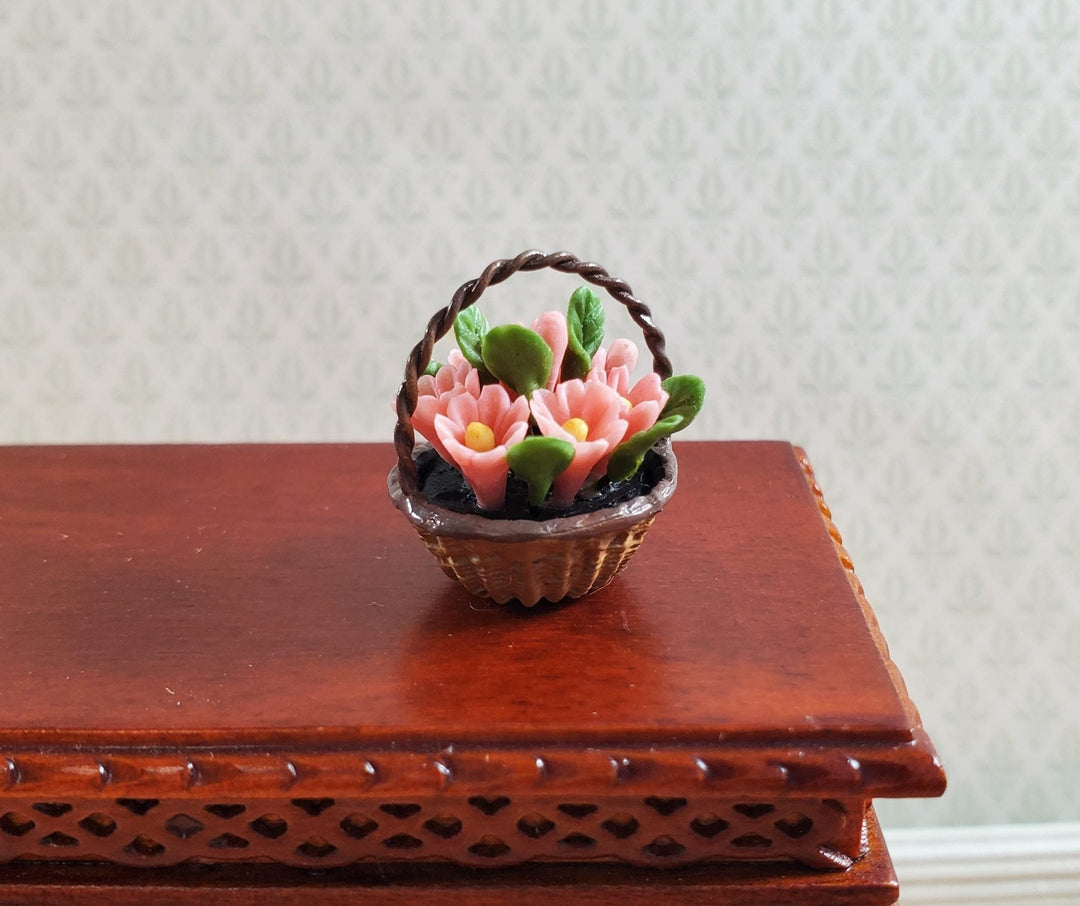 Dollhouse Pink Daisies in a Small Basket 1:12 Scale Miniature Flowers by Falcon - MiniatureCrush