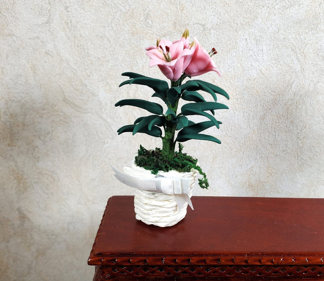 Dollhouse Pink Easter Lilies in White Basket with Bow 1:12 Scale Miniature - MiniatureCrush