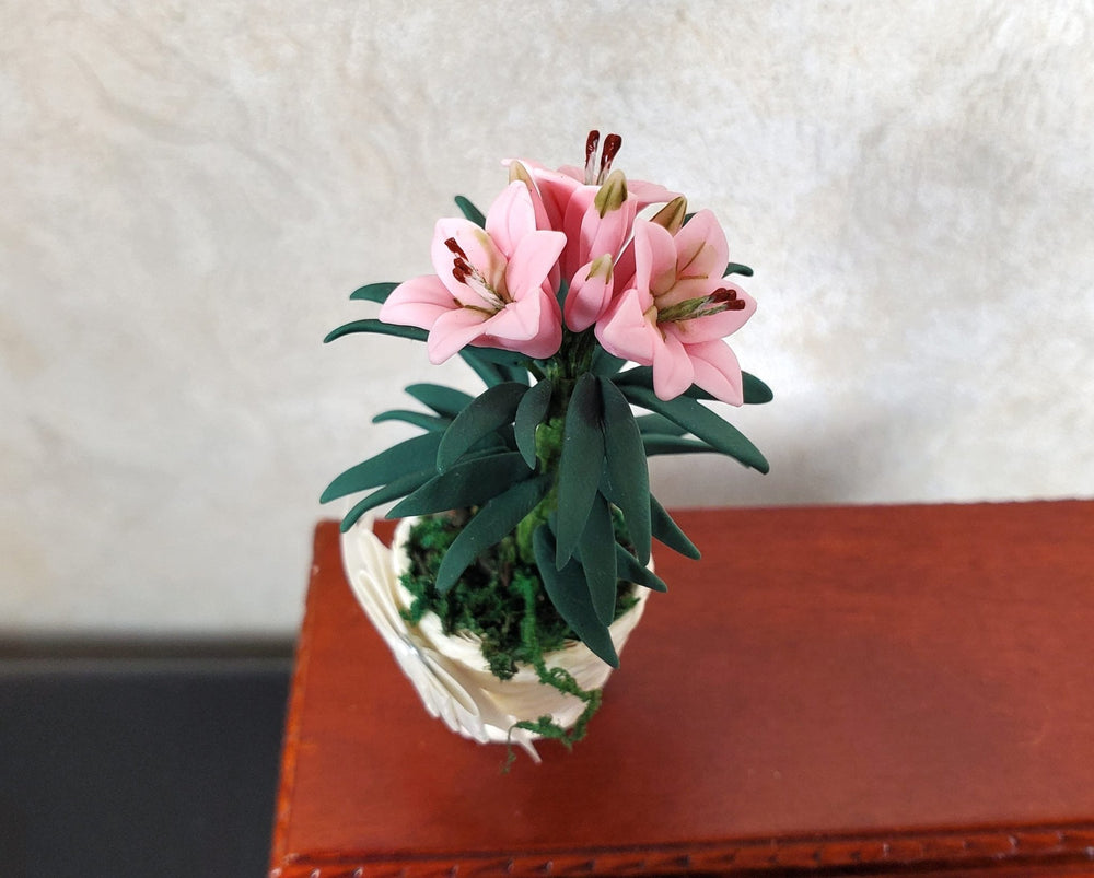Dollhouse Pink Easter Lilies in White Basket with Bow 1:12 Scale Miniature - MiniatureCrush