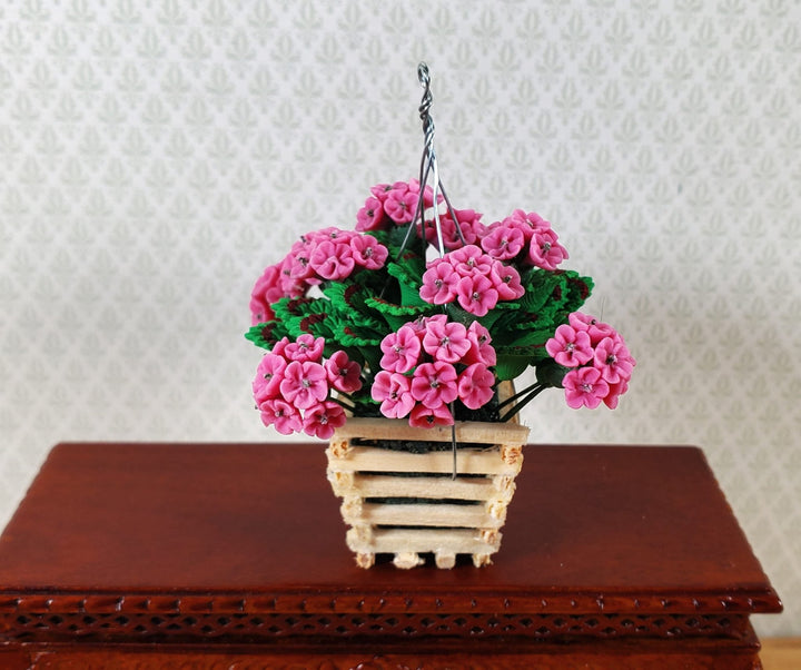 Dollhouse Pink Geranium Plant in Wood Hanging Planter 1:12 Scale Miniature - MiniatureCrush