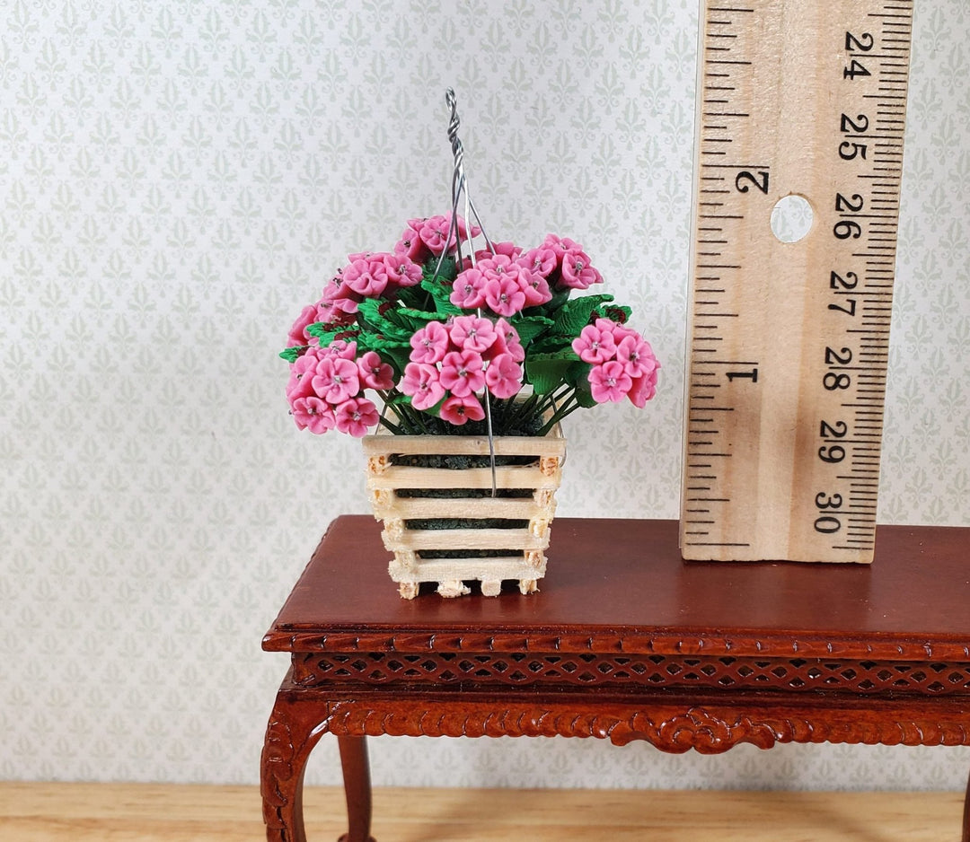 Dollhouse Pink Geranium Plant in Wood Hanging Planter 1:12 Scale Miniature - MiniatureCrush