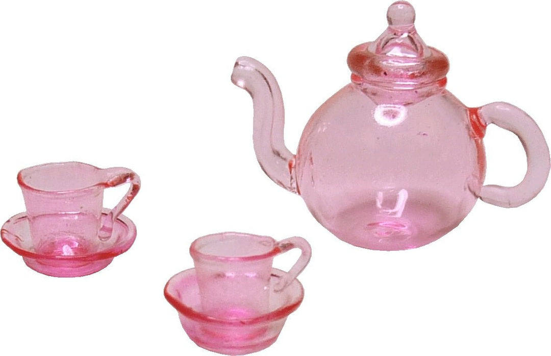 Dollhouse Pink Glass Tea Set Teapot Teacups and Saucers 1:12 Scale - MiniatureCrush