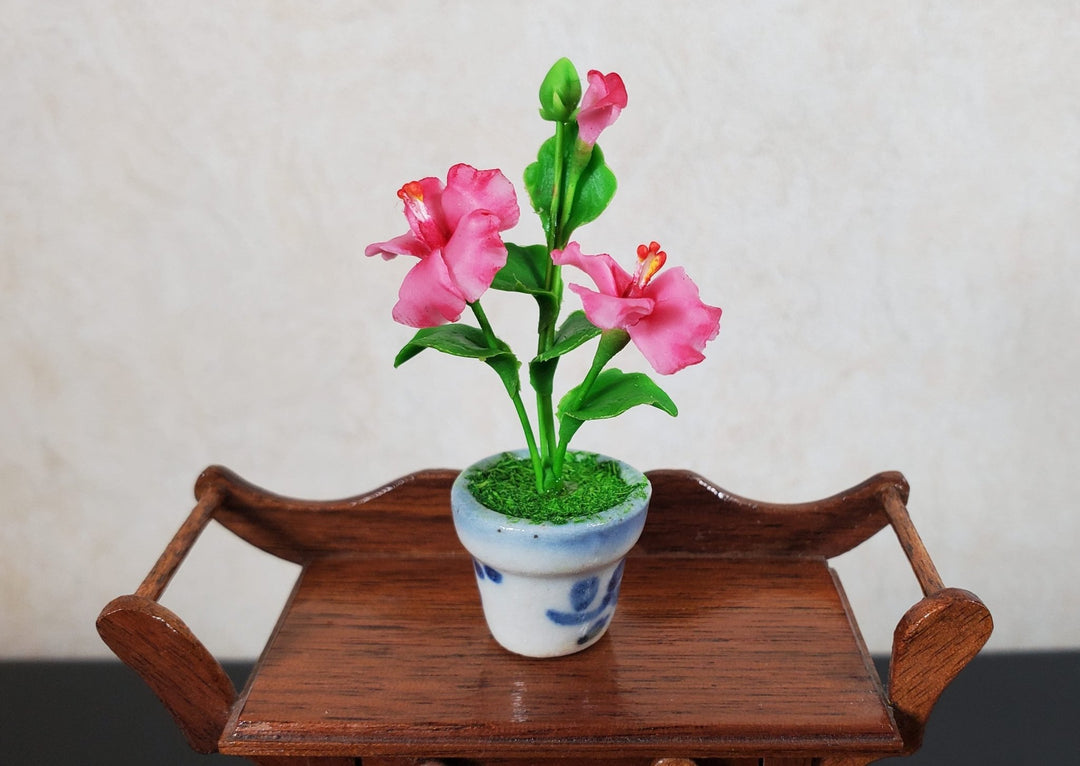 Dollhouse Pink Hibiscus Plant in Ceramic Planter 1:12 Scale Miniature Flowers - MiniatureCrush