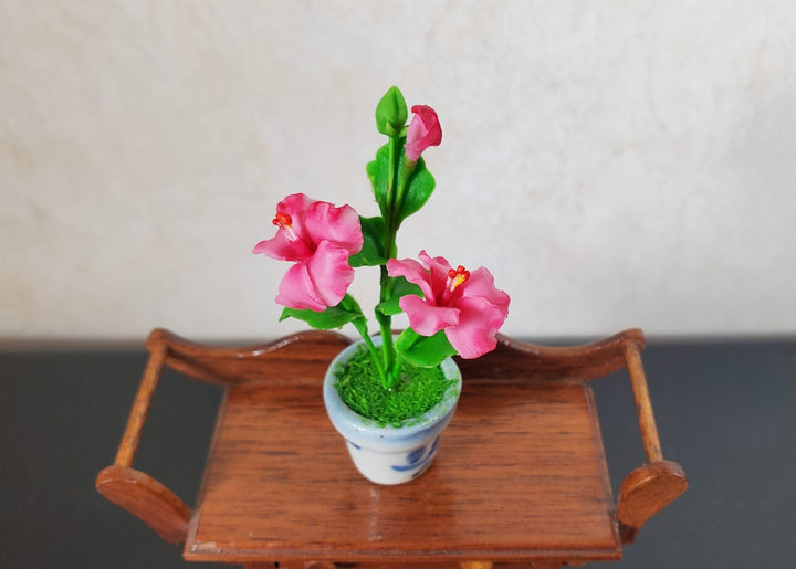 Dollhouse Pink Hibiscus Plant in Ceramic Planter 1:12 Scale Miniature Flowers - MiniatureCrush