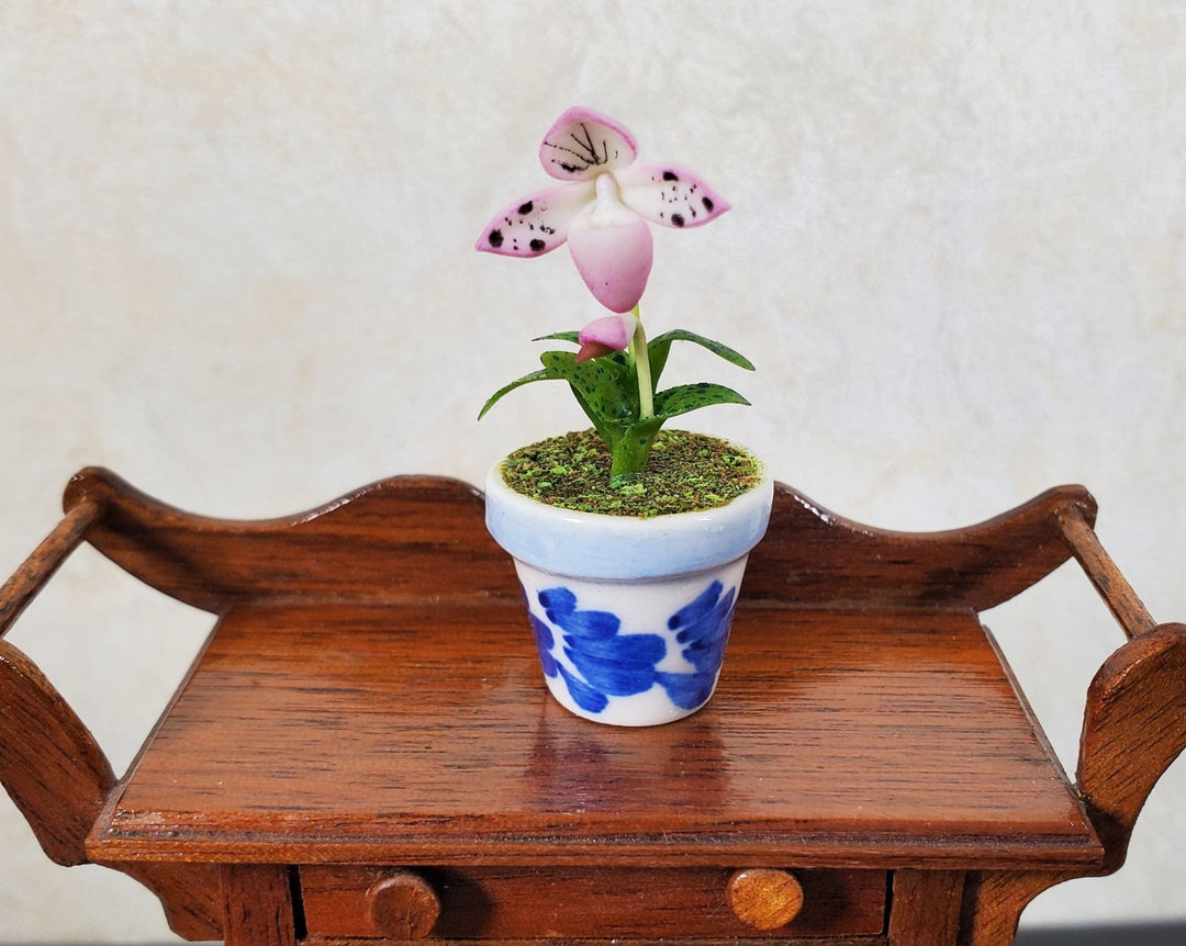 Dollhouse Pink Lady Slipper in a Blue & White Ceramic Pot 1:12 Scale Miniature - MiniatureCrush