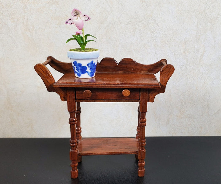 Dollhouse Pink Lady Slipper in a Blue & White Ceramic Pot 1:12 Scale Miniature - MiniatureCrush