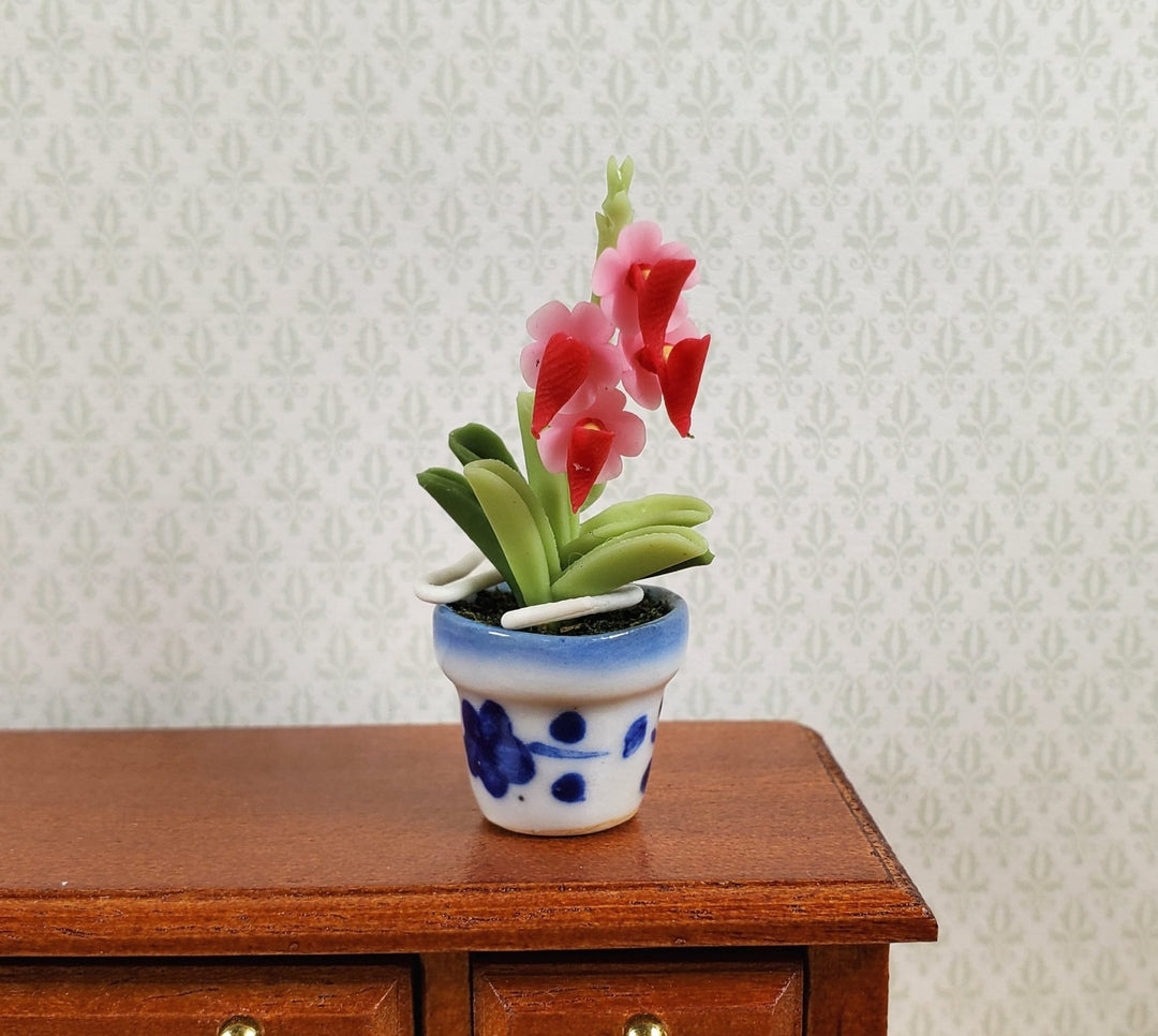 Dollhouse Pink Orchid Flowers in a Blue & White Ceramic Pot 1:12 Scale Miniature - MiniatureCrush