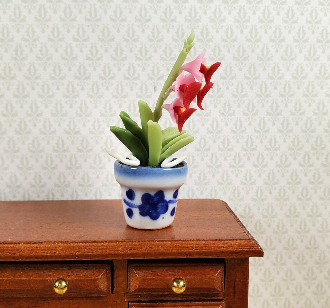 Dollhouse Pink Orchid Flowers in a Blue & White Ceramic Pot 1:12 Scale Miniature - MiniatureCrush