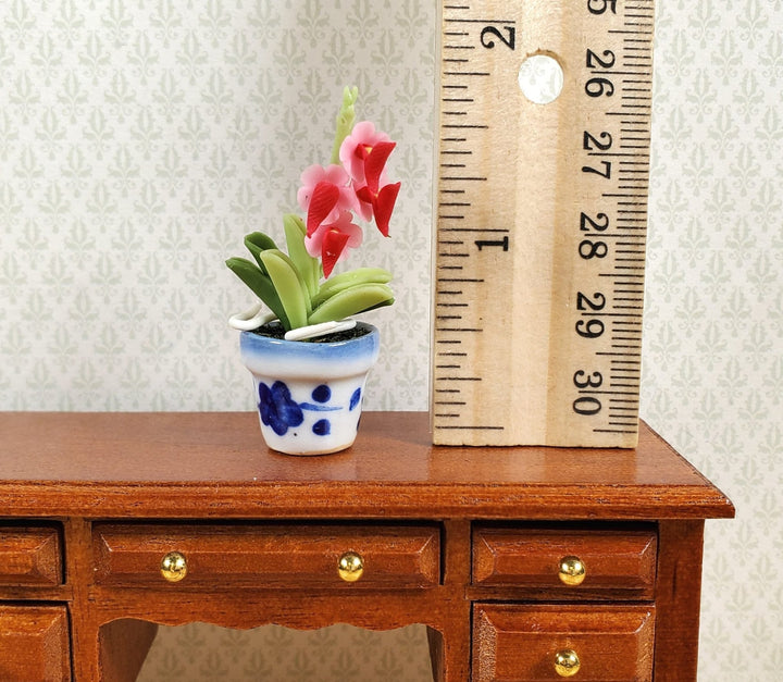 Dollhouse Pink Orchid Flowers in a Blue & White Ceramic Pot 1:12 Scale Miniature - MiniatureCrush