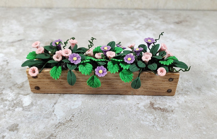 Dollhouse Pink & Purple Trumpet Flowers in a Wood Planter 1:12 Scale Miniature - MiniatureCrush