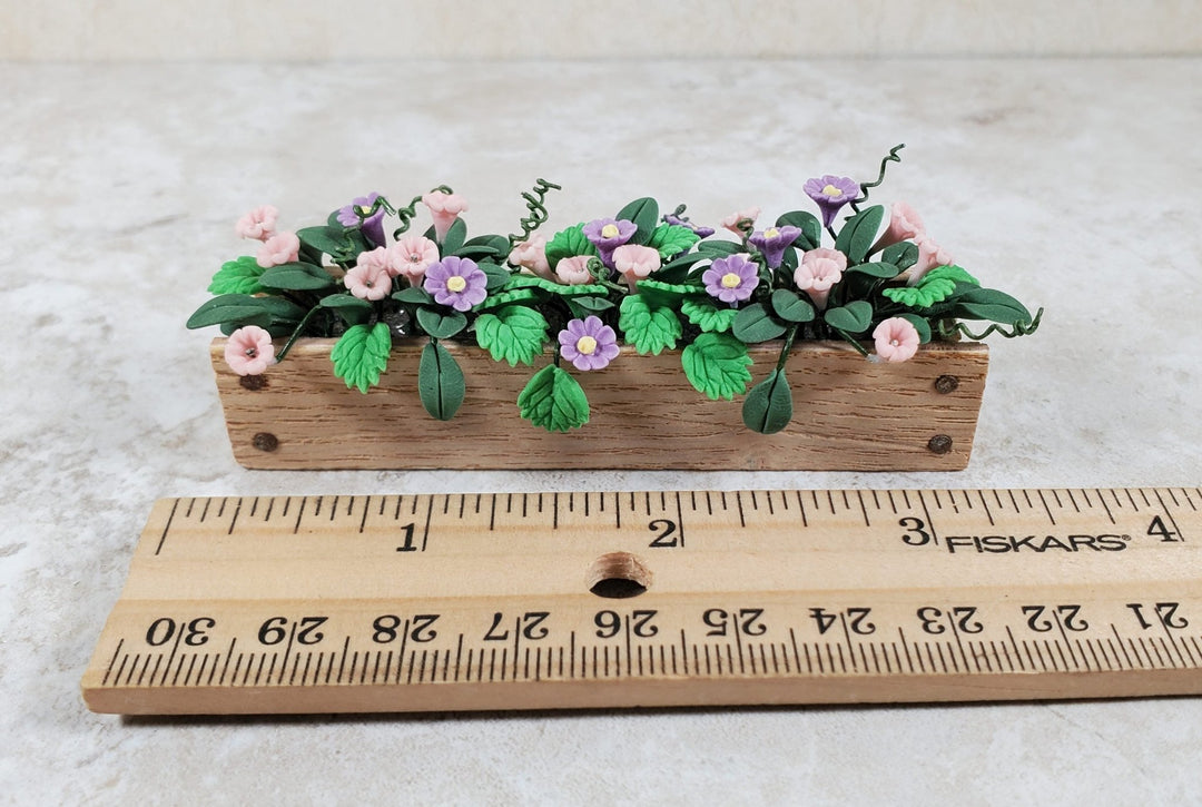 Dollhouse Pink & Purple Trumpet Flowers in a Wood Planter 1:12 Scale Miniature - MiniatureCrush