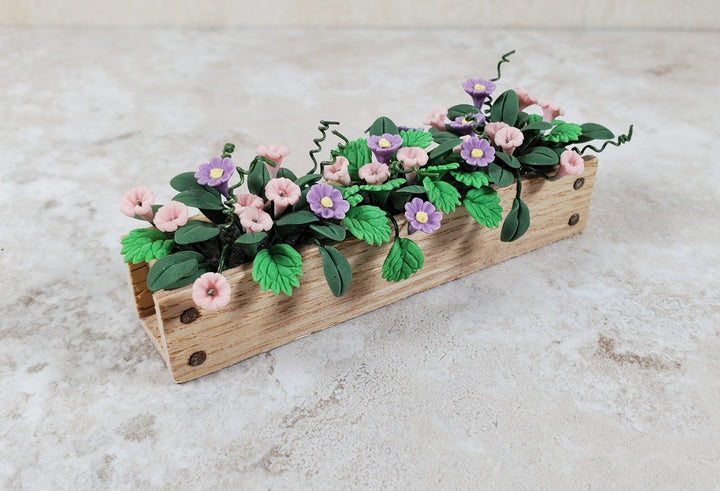 Dollhouse Pink & Purple Trumpet Flowers in a Wood Planter 1:12 Scale Miniature - MiniatureCrush