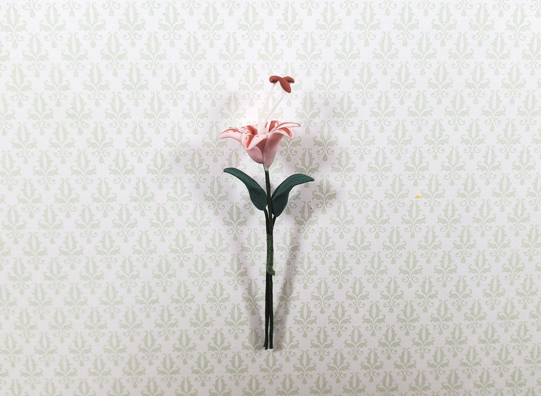 Dollhouse Pink & Red Tiger Lily Single Stem with Foliage 1:12 Scale Miniature - MiniatureCrush