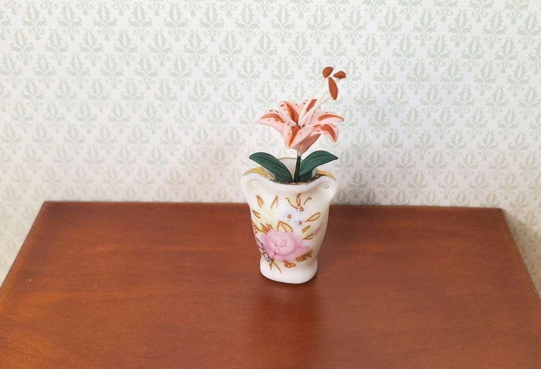 Dollhouse Pink & Red Tiger Lily Single Stem with Foliage 1:12 Scale Miniature - MiniatureCrush
