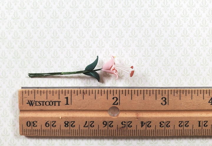 Dollhouse Pink & Red Tiger Lily Single Stem with Foliage 1:12 Scale Miniature - MiniatureCrush