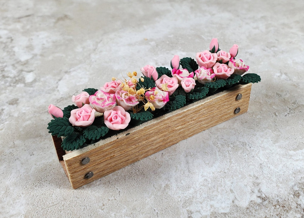 Dollhouse Pink Roses in a 3.25" Window Box Planter 1:12 Scale Miniature - MiniatureCrush