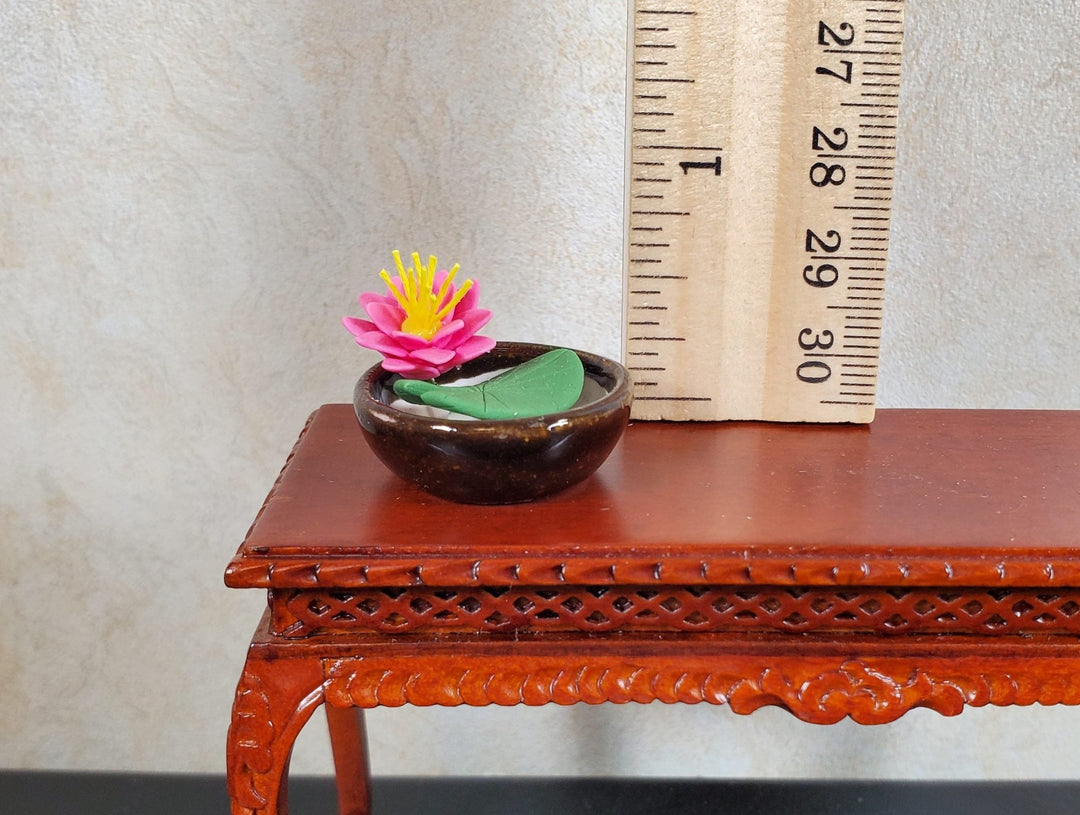 Dollhouse Pink Water Lily in Round Brown Bowl 1:12 Scale Miniature - MiniatureCrush