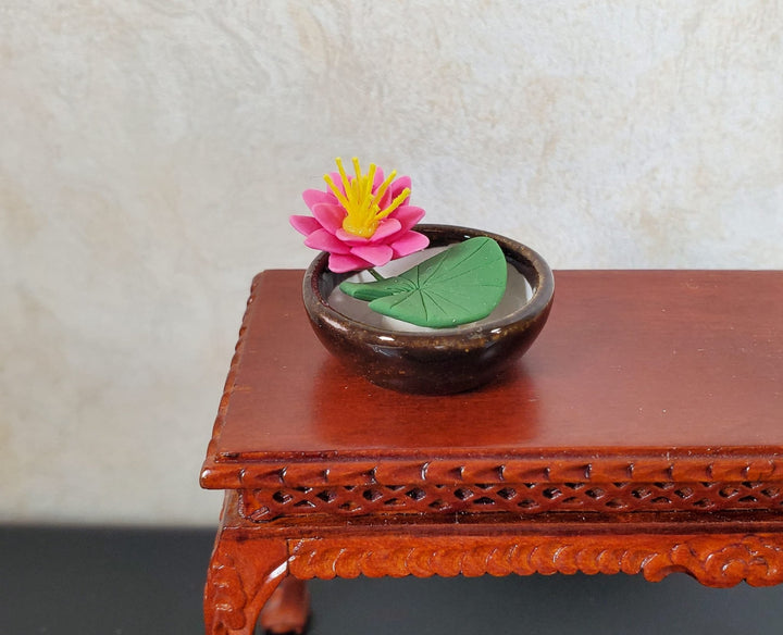 Dollhouse Pink Water Lily in Round Brown Bowl 1:12 Scale Miniature - MiniatureCrush