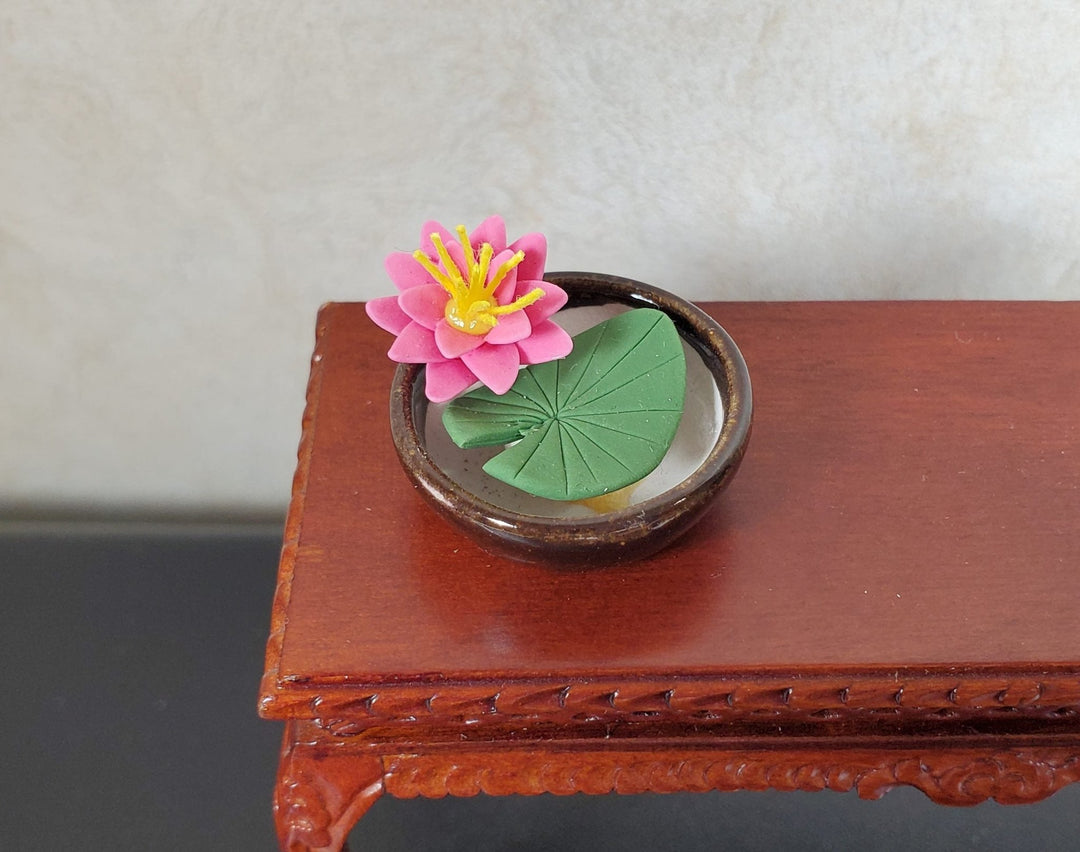 Dollhouse Pink Water Lily in Round Brown Bowl 1:12 Scale Miniature - MiniatureCrush