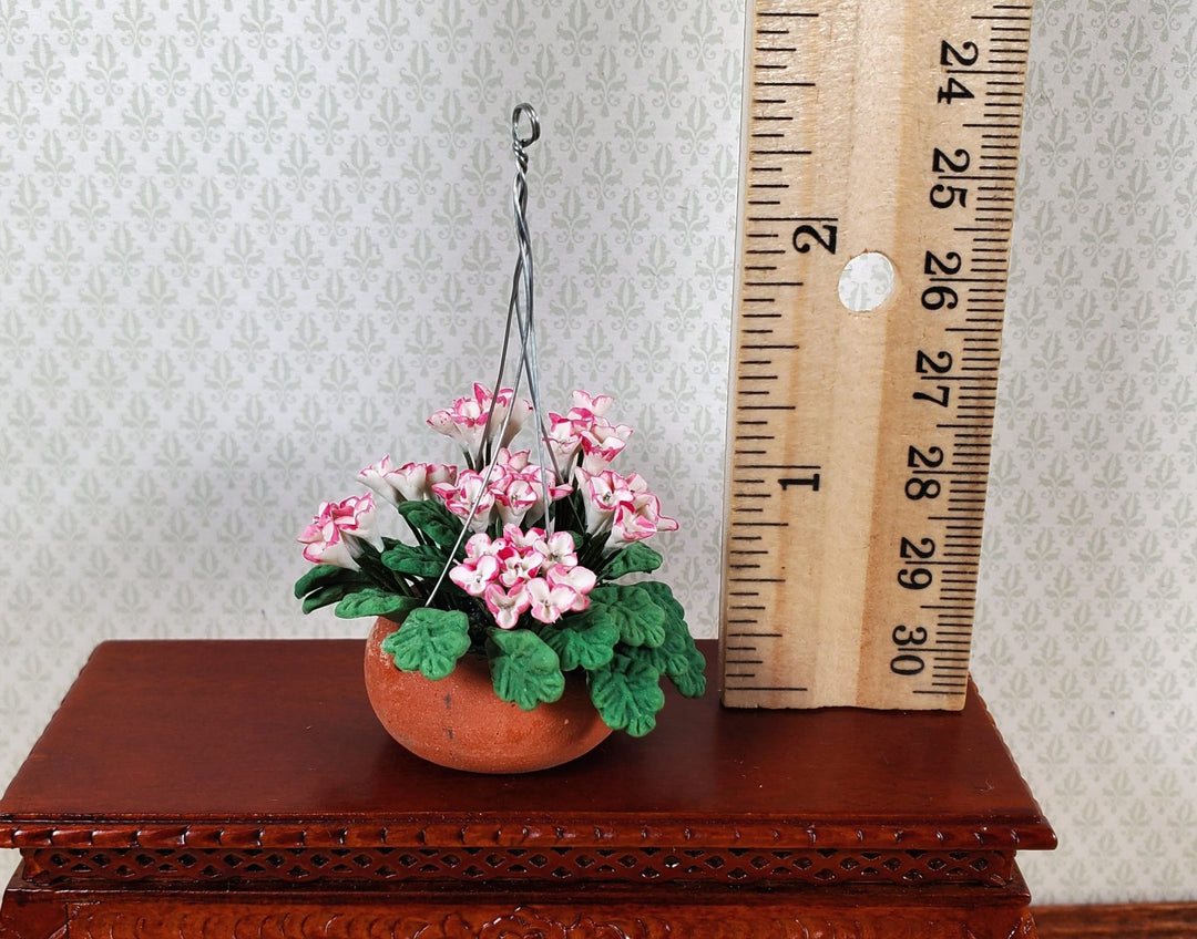 Dollhouse Pink & White Flowers in a Clay Hanging Planter 1:12 Scale Miniature - MiniatureCrush