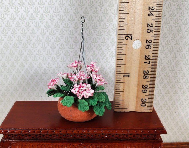 Dollhouse Pink & White Flowers in a Clay Hanging Planter 1:12 Scale Miniature - MiniatureCrush