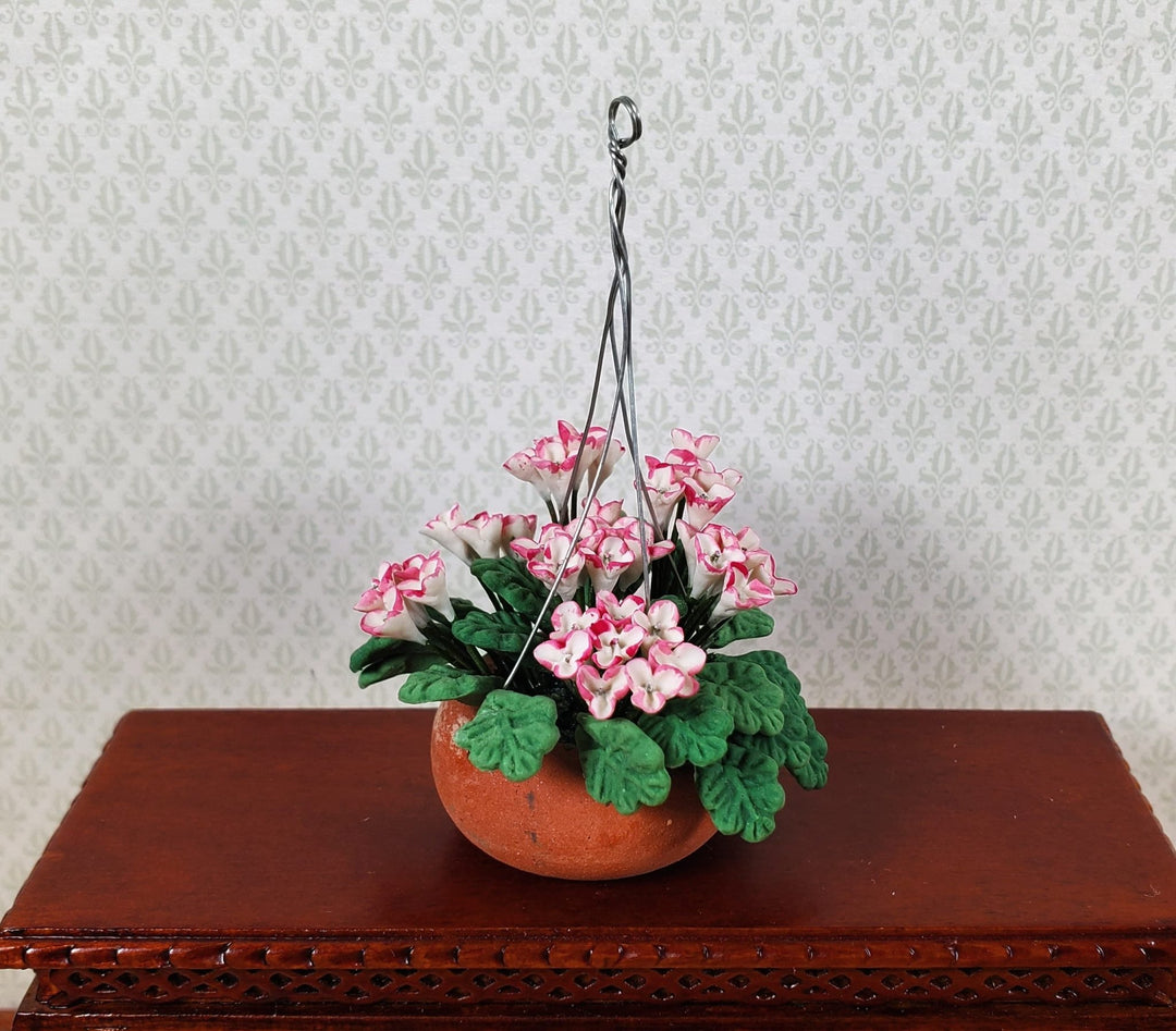 Dollhouse Pink & White Flowers in a Clay Hanging Planter 1:12 Scale Miniature - MiniatureCrush