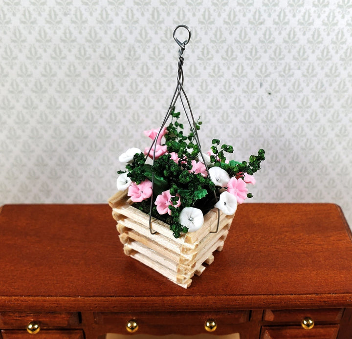Dollhouse Pink & White Flowers in a Wood Hanging Planter 1:12 Scale Miniature - MiniatureCrush