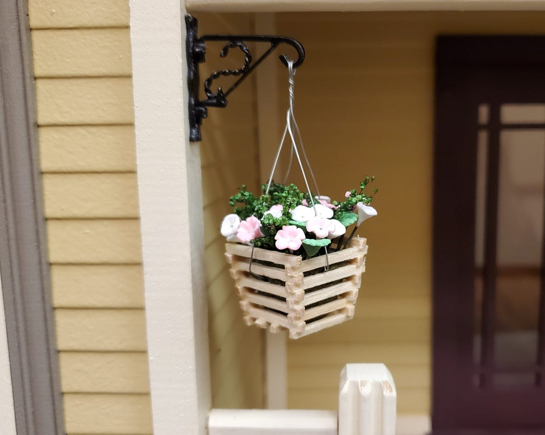 Dollhouse Pink & White Flowers in a Wood Hanging Planter 1:12 Scale Miniature - MiniatureCrush