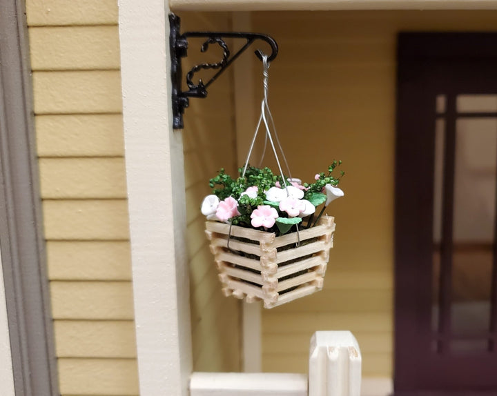 Dollhouse Pink & White Flowers in a Wood Hanging Planter 1:12 Scale Miniature - MiniatureCrush