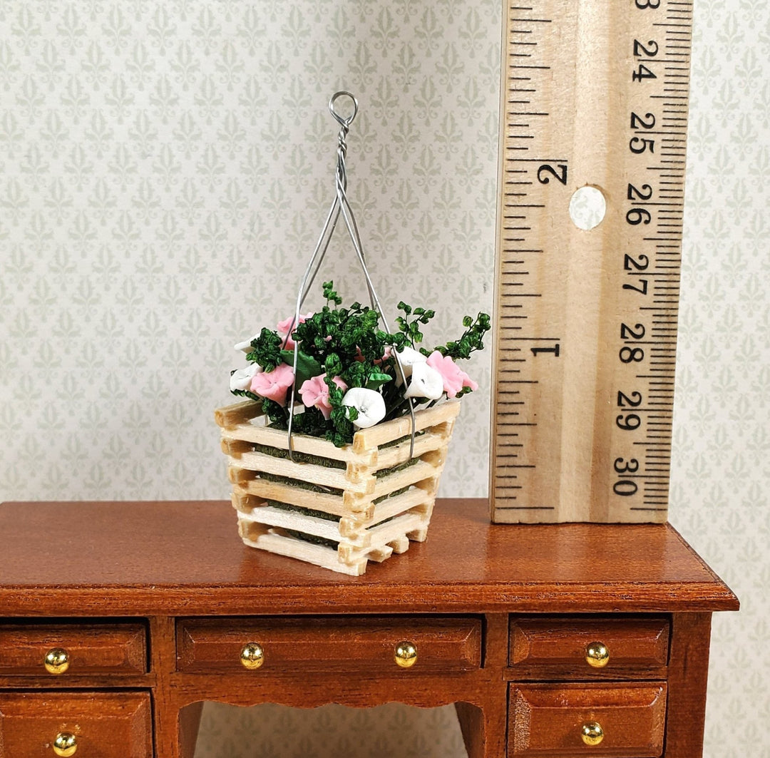 Dollhouse Pink & White Flowers in a Wood Hanging Planter 1:12 Scale Miniature - MiniatureCrush