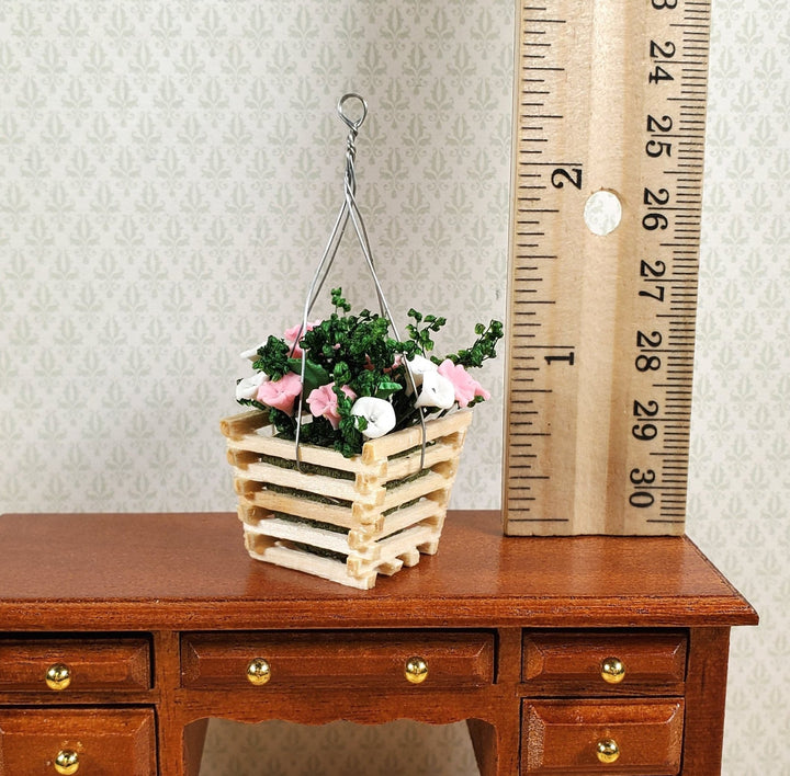 Dollhouse Pink & White Flowers in a Wood Hanging Planter 1:12 Scale Miniature - MiniatureCrush
