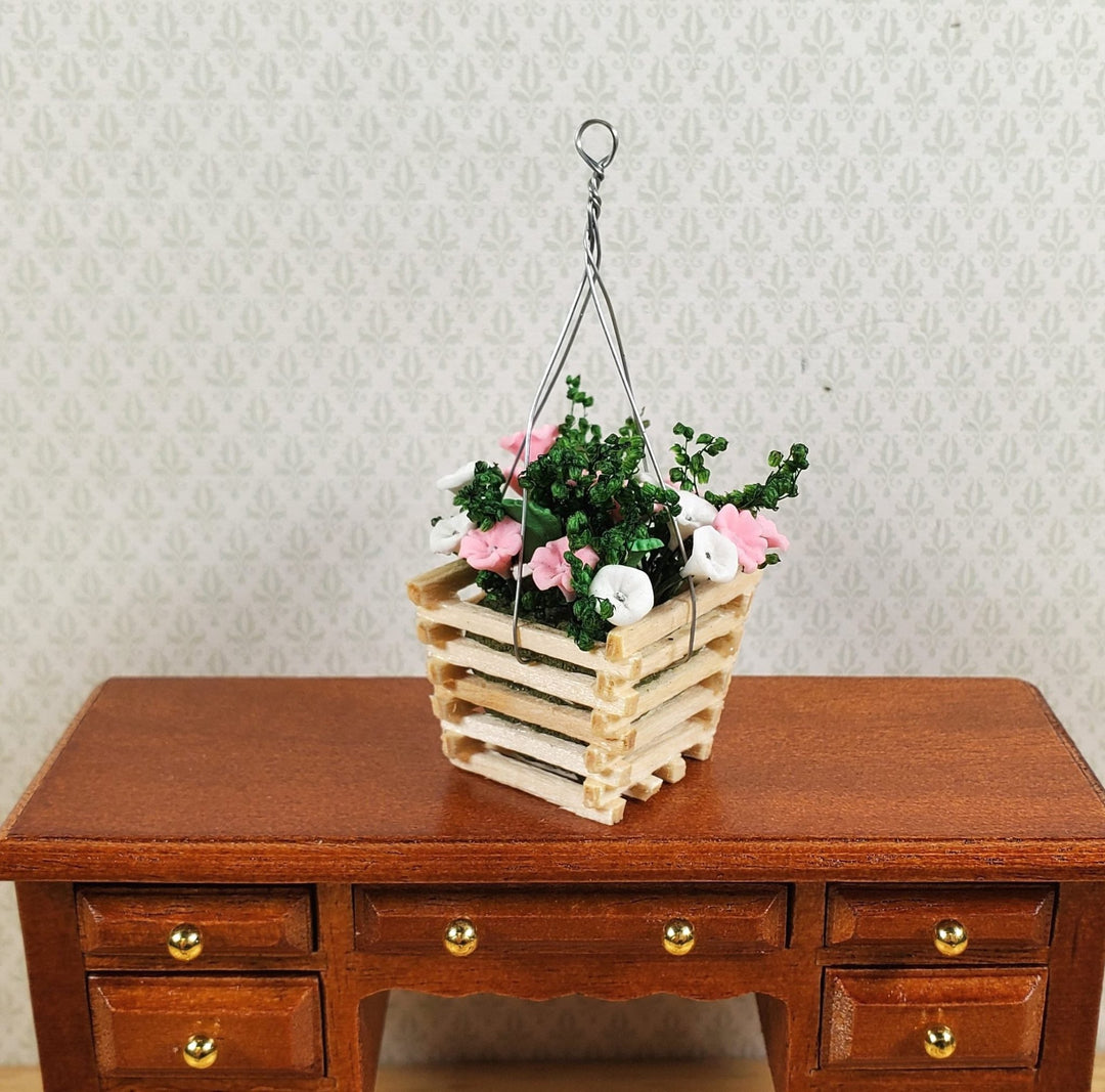 Dollhouse Pink & White Flowers in a Wood Hanging Planter 1:12 Scale Miniature - MiniatureCrush