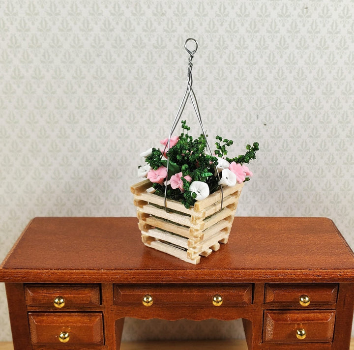 Dollhouse Pink & White Flowers in a Wood Hanging Planter 1:12 Scale Miniature - MiniatureCrush