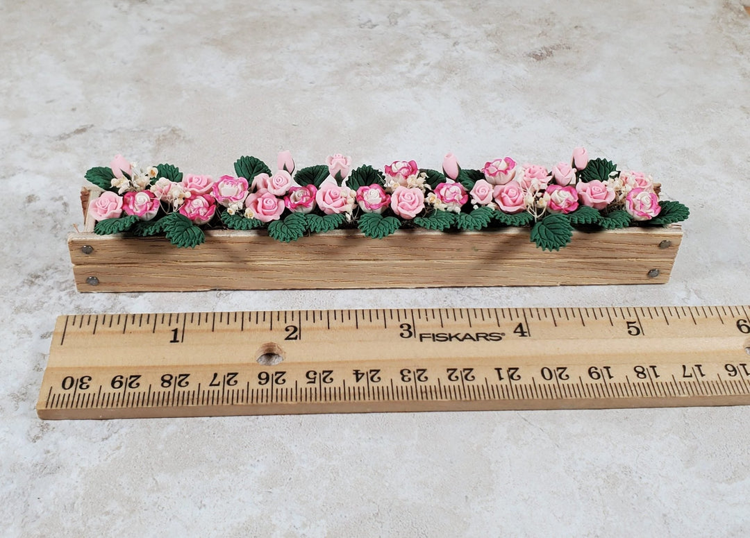 Dollhouse Pink & White Roses in a 5.5" Window Box Planter 1:12 Scale Miniature - MiniatureCrush