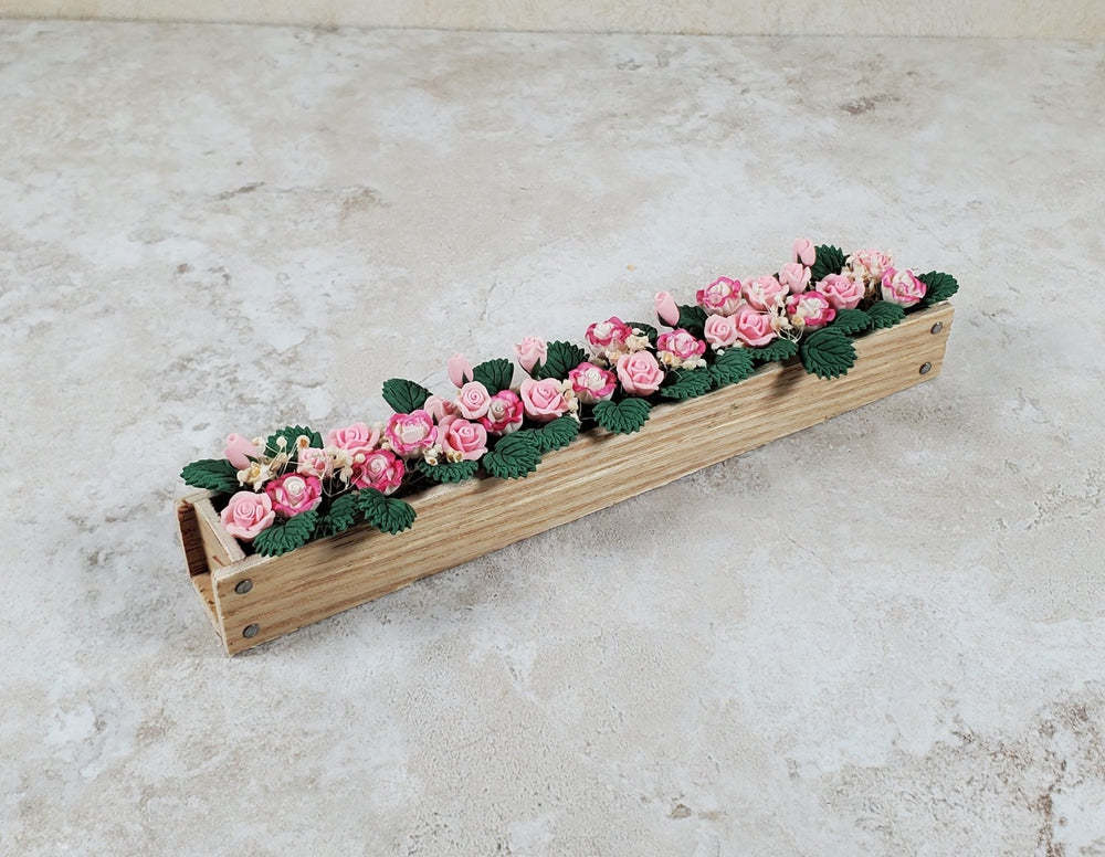 Dollhouse Pink & White Roses in a 5.5" Window Box Planter 1:12 Scale Miniature - MiniatureCrush