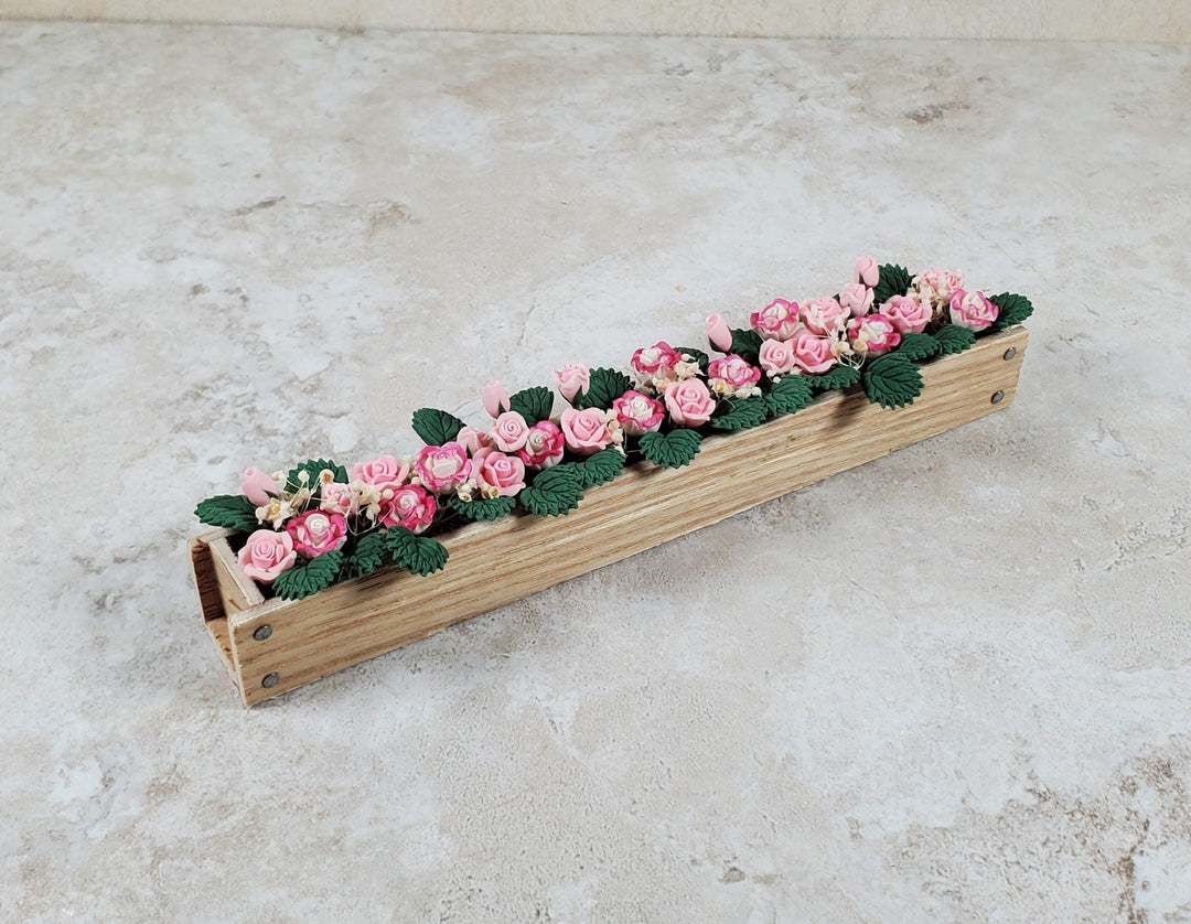 Dollhouse Pink & White Roses in a 5.5" Window Box Planter 1:12 Scale Miniature - MiniatureCrush