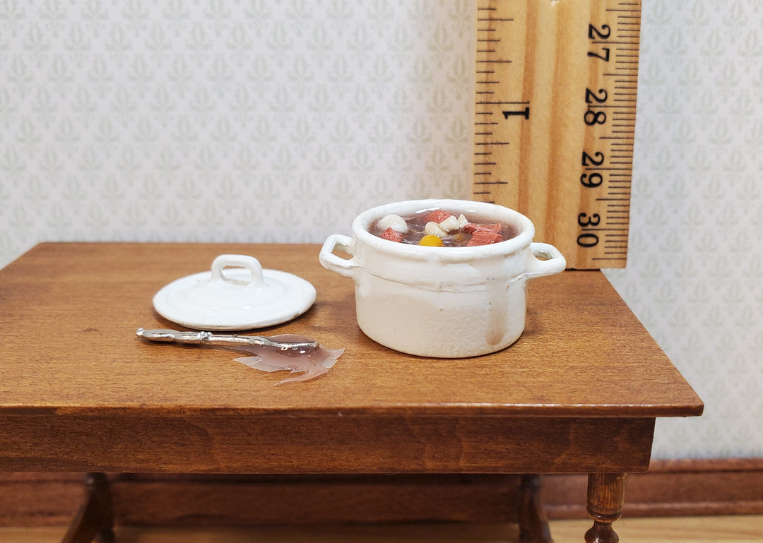 Dollhouse Pot of Beef Stew with Lid and Spoon 1:12 Scale Miniature Food - MiniatureCrush