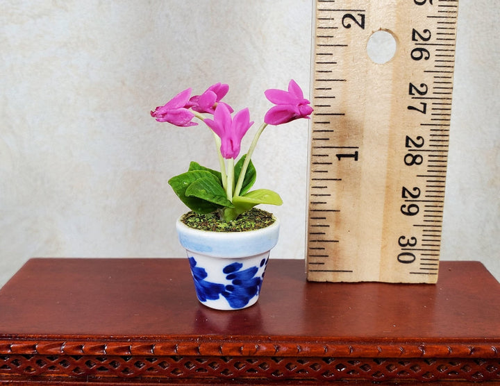 Dollhouse Potted Fuchsia Flowers 1:12 Scale Miniature Blue White Ceramic Pot - MiniatureCrush
