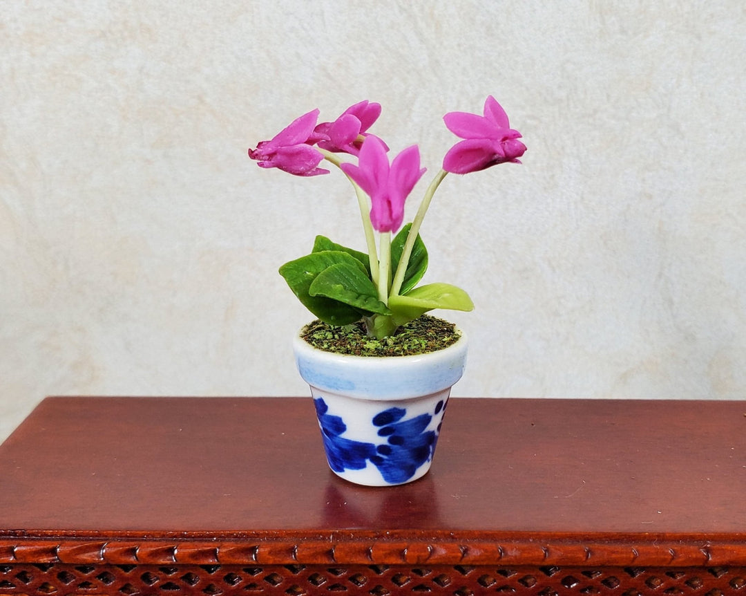 Dollhouse Potted Fuchsia Flowers 1:12 Scale Miniature Blue White Ceramic Pot - MiniatureCrush