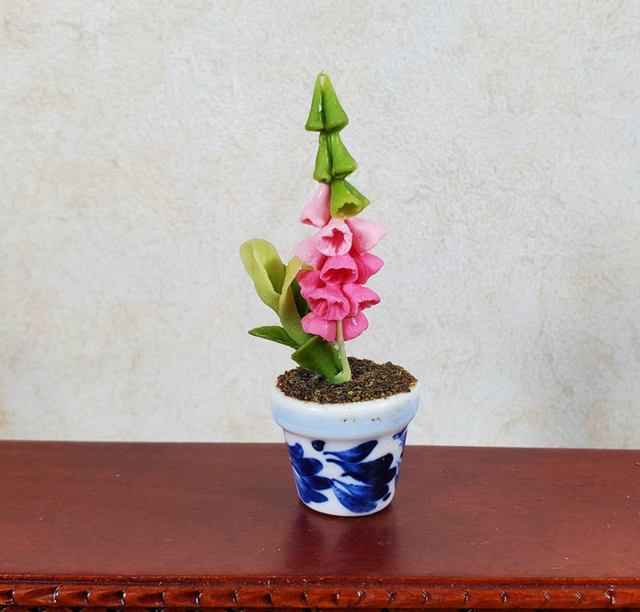 Dollhouse Potted Pink Bell Flowers 1:12 Scale Miniature Blue White Ceramic Pot - MiniatureCrush