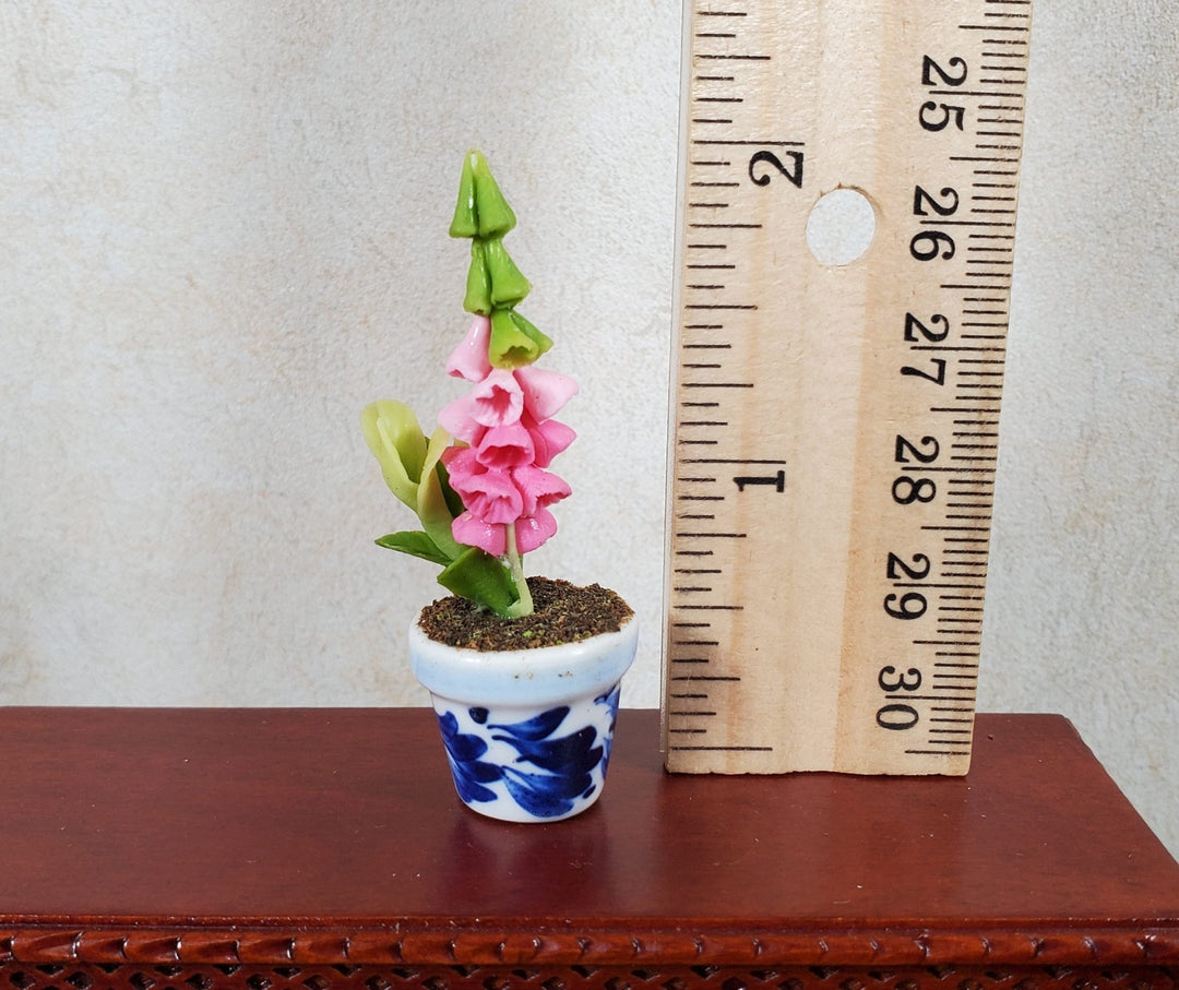 Dollhouse Potted Pink Bell Flowers 1:12 Scale Miniature Blue White Ceramic Pot - MiniatureCrush