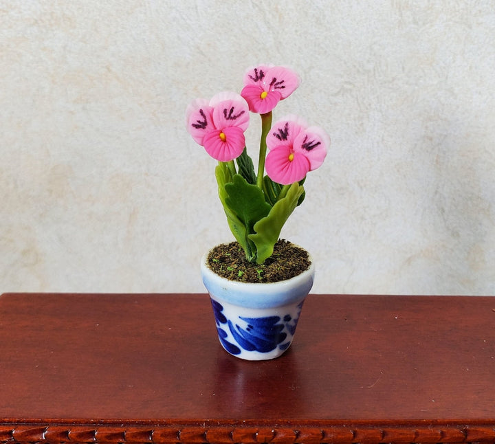 Dollhouse Potted Pink Pansies Flower 1:12 Scale Miniature Blue White Ceramic Pot - MiniatureCrush