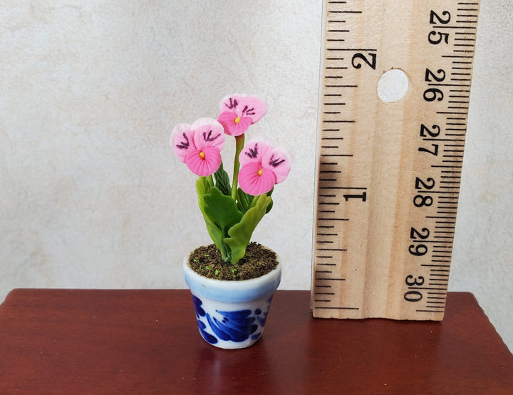 Dollhouse Potted Pink Pansies Flower 1:12 Scale Miniature Blue White Ceramic Pot - MiniatureCrush