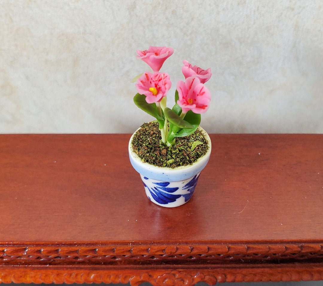 Dollhouse Potted Pink Violets 1:12 Scale Miniature Houseplant Blue & White Pot - MiniatureCrush