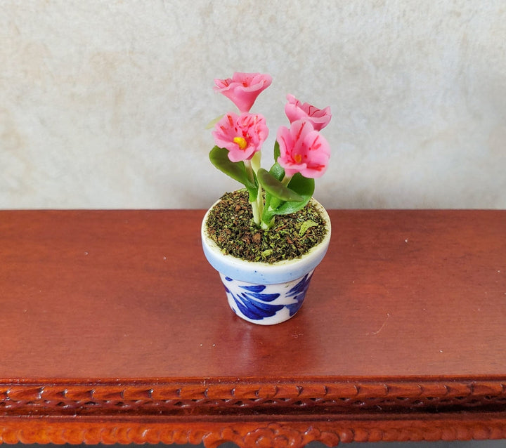 Dollhouse Potted Pink Violets 1:12 Scale Miniature Houseplant Blue & White Pot - MiniatureCrush