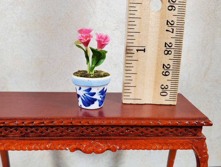 Dollhouse Potted Pink Violets 1:12 Scale Miniature Houseplant Blue & White Pot - MiniatureCrush